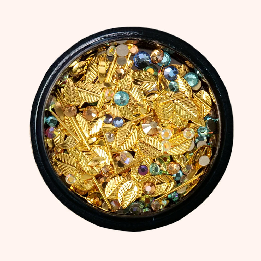 Nail Art Mix Strass multicolores, feuilles doré