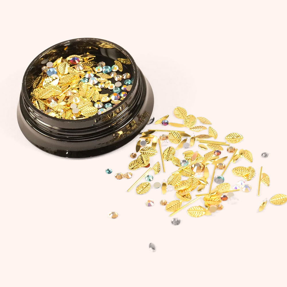 Nail Art Mix Strass multicolores, feuilles doré